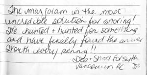 Image of scan of handwritten Snore No More testimonial - Deb from Pacific National Exhibition 2024