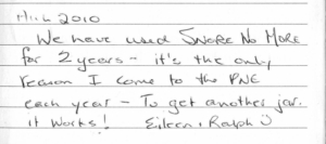 Image of scan of handwritten Snore No More testimonial - Eileen from Pacific National Exhibition 2024