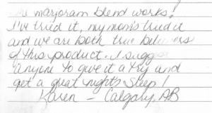 Image of scan of handwritten Snore No More testimonial - Karen from Calgary Stampede 2024
